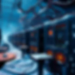 A snowy scene with Bitcoin mining rigs affected by power outages, showing darkened areas and snow-covered equipment.