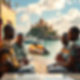 A group of people discussing Bitcoin solutions in Zanzibar, with local scenery in the background