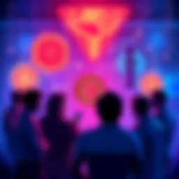 A group of people discussing cryptocurrency, with Bitcoin and Cardano logos visible, representing the interest in Cardano's DeFi solutions among Bitcoin enthusiasts.