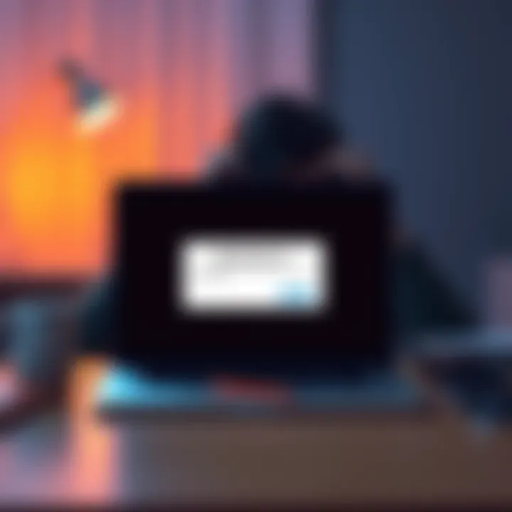 A laptop screen showing an error message about Bitcoinlaws.io being unavailable, with a puzzled person in the background and a coffee cup on the desk.