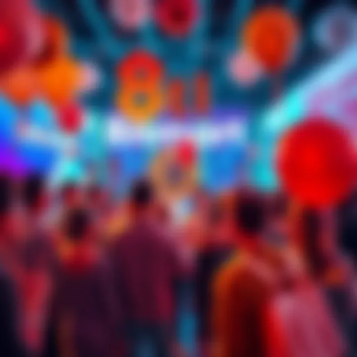 People celebrating Bitmart's 8th anniversary with balloons and decorations in a bright setting