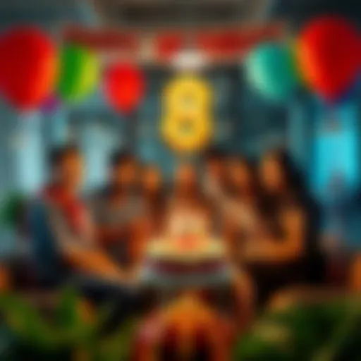 BitMart team celebrating their 8th anniversary with balloons and cake at the office