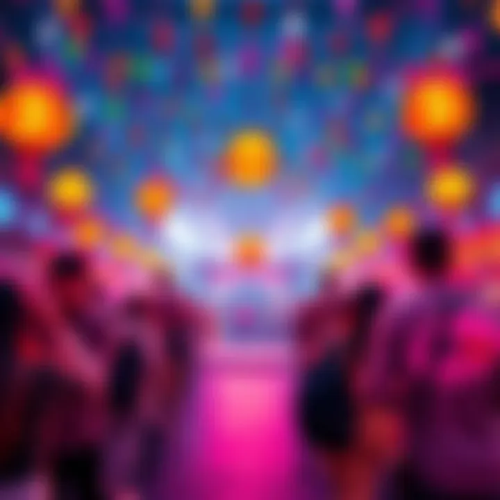 Colorful celebration scene for BitMart's 8th anniversary with festive decorations and excited participants