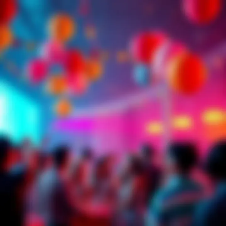 A vibrant celebration scene with people enjoying BitMart's 8th anniversary event, featuring balloons and decorations, showcasing joy and community spirit.