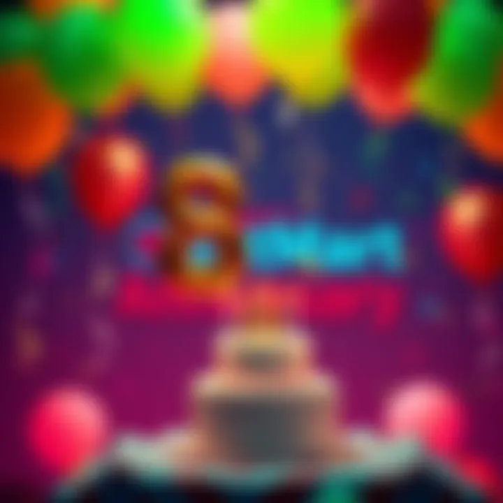 Celebration scene for BitMart's 8th anniversary with balloons and a cake