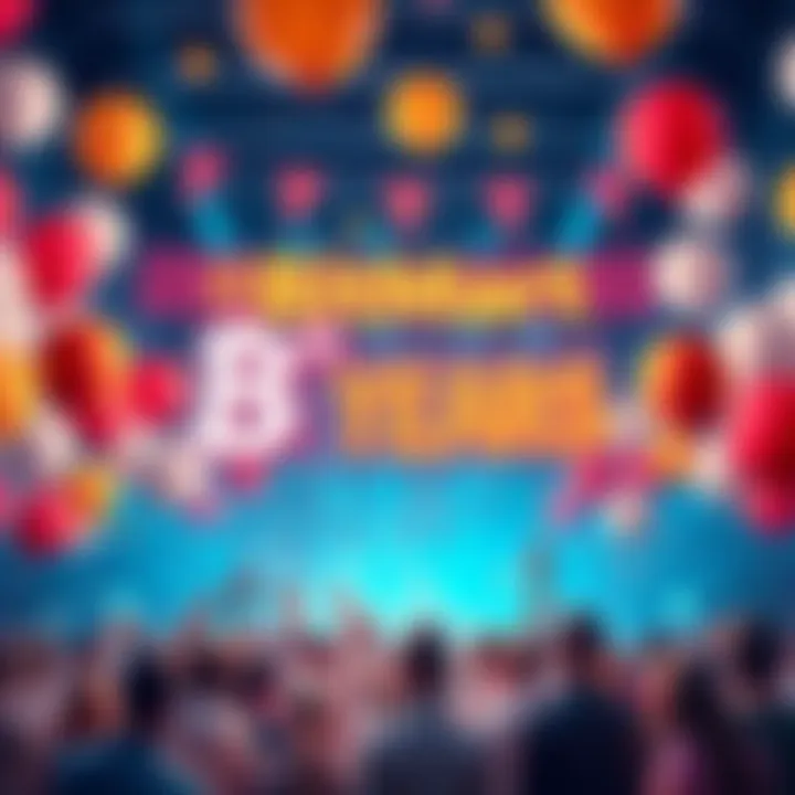 A vibrant celebration scene with balloons and banners marking BitMart's eighth anniversary, featuring excited people joining the event.