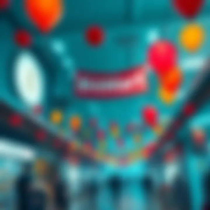 A festive scene with balloons and banners celebrating BitMart's 8th anniversary, showcasing a lively market atmosphere.