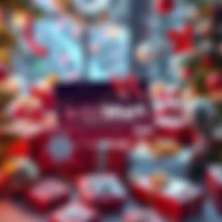 A festive holiday scene featuring a BitMart card surrounded by Christmas gifts and decorations