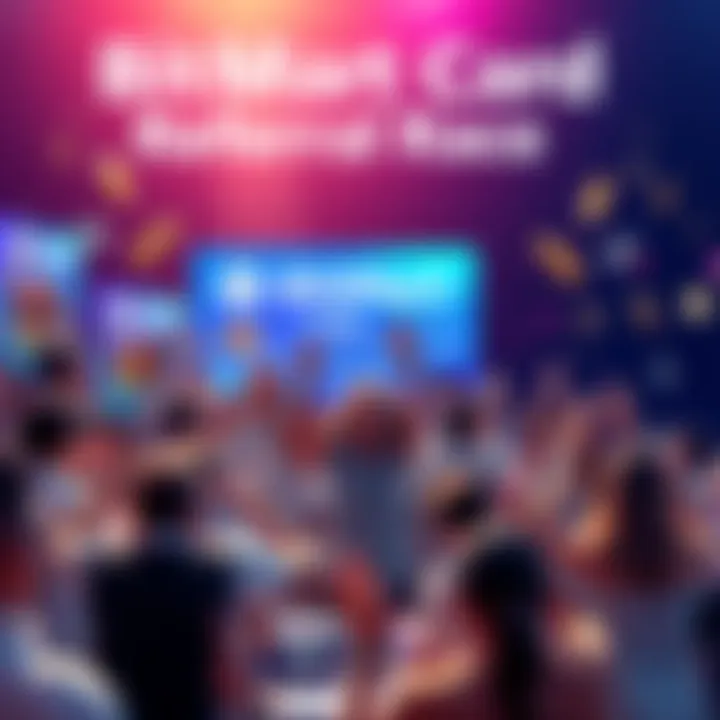 Graphic showing participants celebrating while sharing the BitMart Card with friends, with bonuses and rewards depicted in the background.