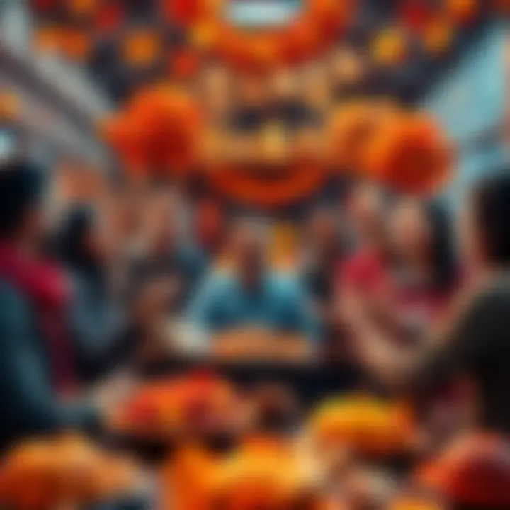 BitMart Team Hiring Announcement A diverse group of people celebrating Thanksgiving while discussing job opportunities at BitMart, with autumn-themed decorations in the background.