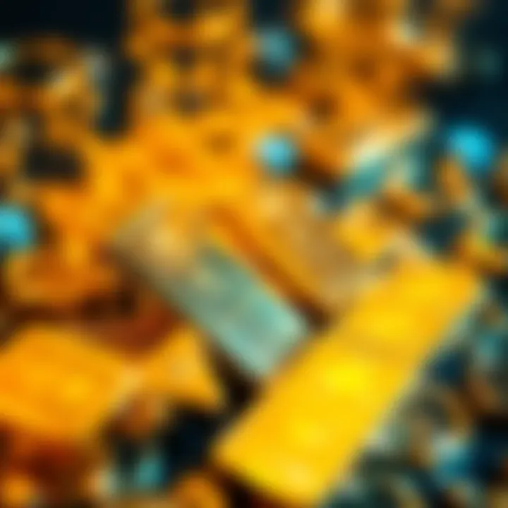 Graphic showing gold bars and blockchain symbols representing Goldfish Gold assets