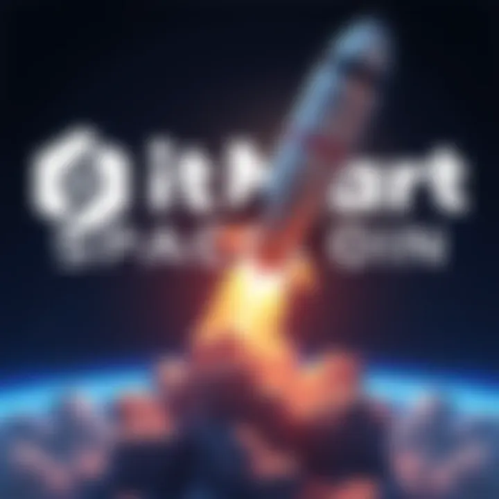 BitMart logo with a rocket and Spacecoin symbol launching into space