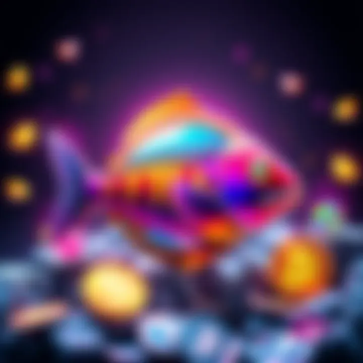 Image showcasing the BitMart platform announcing the listing of rainbowfish (FISH) coin with colorful fish graphics and cryptocurrency symbols