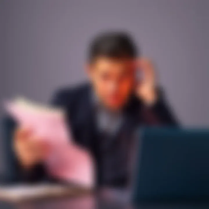 Bitstamp Account Freeze A person looking frustrated while holding old documents and a laptop, symbolizing challenges in providing proof of funds for a frozen account at Bitstamp.