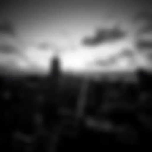 A black and white photo showcasing a city skyline at dusk, highlighting the contrast of light and shadow.