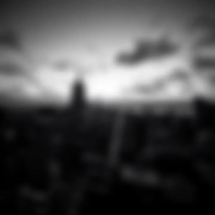 A black and white photo showcasing a city skyline at dusk, highlighting the contrast of light and shadow.