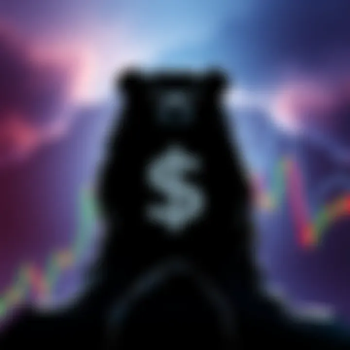 A bear silhouette representing $BlackBear, set against a graph showing market dips and peaks, symbolizing bearish sentiment in a bullish market.