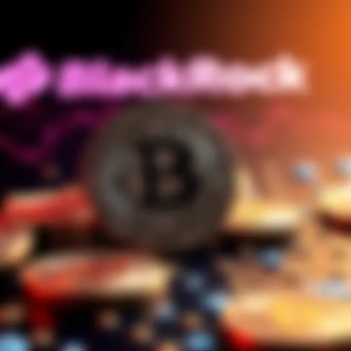 An illustration showing Bitcoin coins with the BlackRock logo in the background, symbolizing BlackRock's investment in Bitcoin.