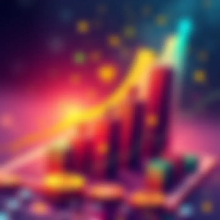 Illustration showing diverse investment strategies for DeFi on Stellar, with upward trending graphs and icons representing finance and technology.