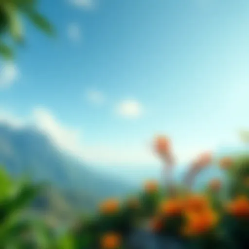 A vibrant scene showcasing the lush greenery and stunning landscapes of Blessed Earth, featuring beautiful plants and clear skies.