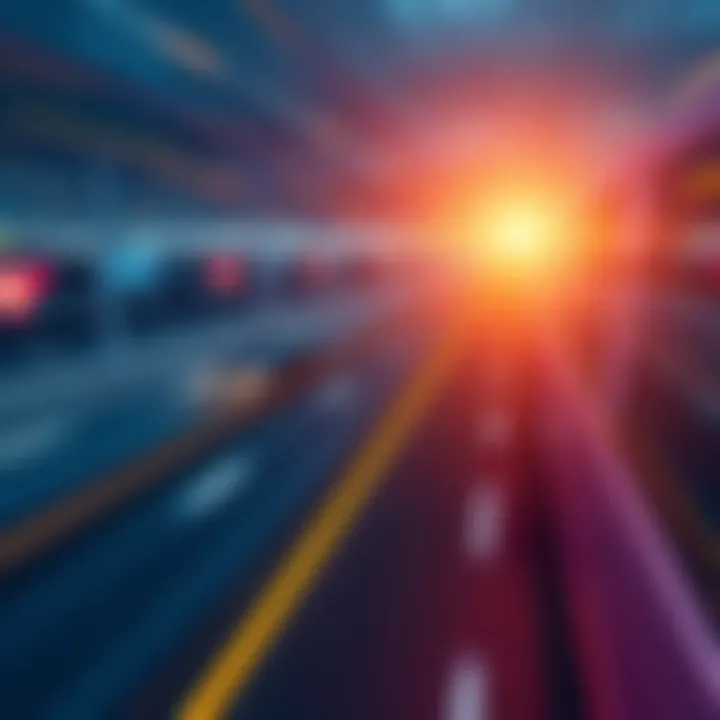 Blockchain Migration Concept A visual representation of Ethereum apps migrating smoothly on a digital highway, symbolizing speed and efficiency.