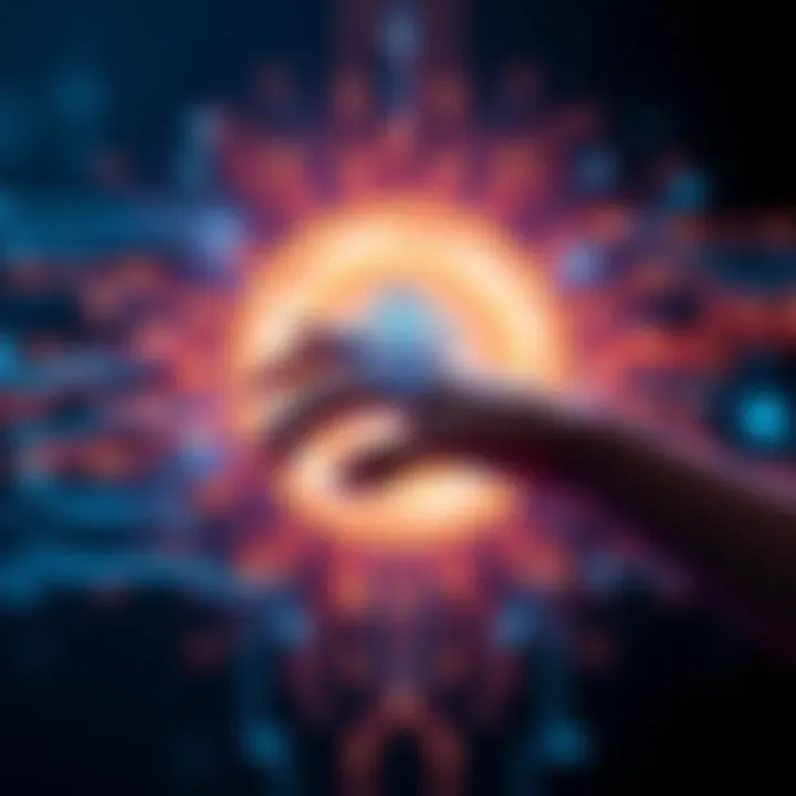 A graphic showing a human hand reaching towards a digital blockchain symbol, with AI elements in the background, symbolizing the connection between people and technology.