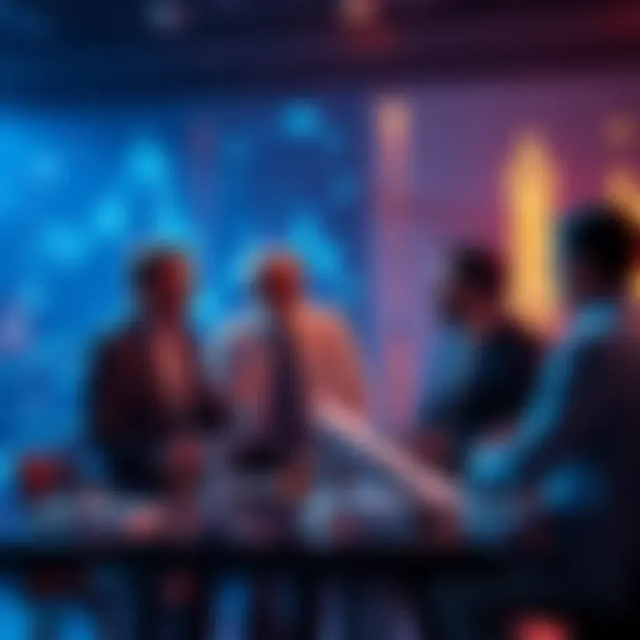 A team of experts discussing smart contract security with blockchain graphics in the background