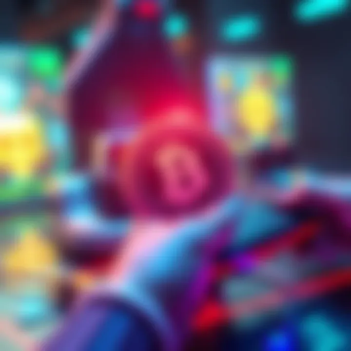 A visual representation of blockchain technology interlinked with digital game rights, showing game tokens being traded among players.