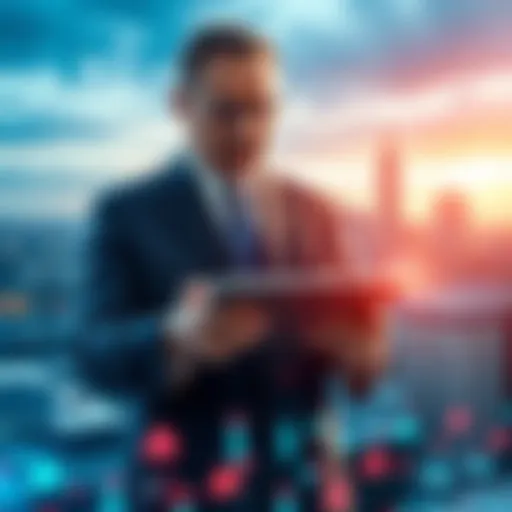 A government official reviewing blockchain data on a digital tablet, with a backdrop of a cityscape and digital elements representing technology and transparency.