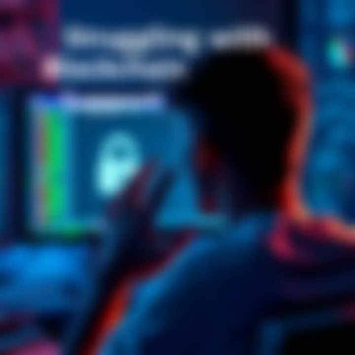 A frustrated person looking at a computer screen showing a login loop for blockchain support.