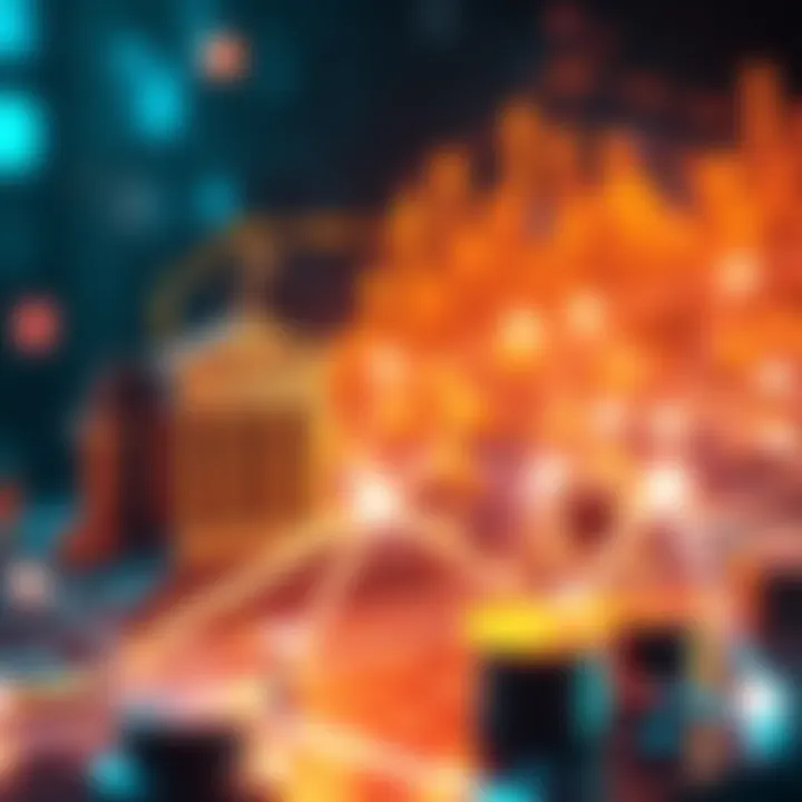 A visual representation of blockchain technology disrupting traditional finance, with symbols of banks and digital currency interconnected, showcasing a shift in financial systems.