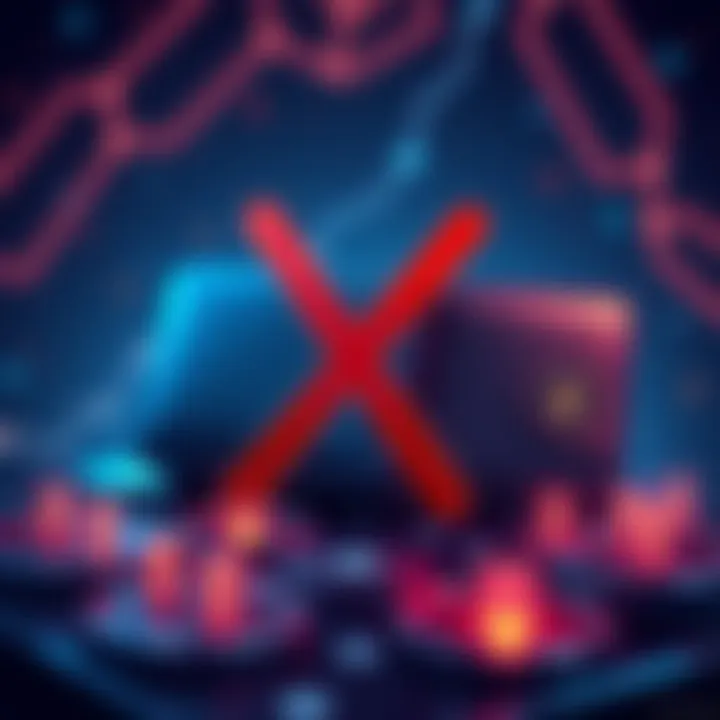 Illustration showing two wallets with red crosses, representing blocked transactions in a blockchain context.