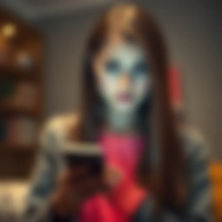 A young Romanian woman looks worried while checking her phone, showing a blocked Revolut account screen, symbolizing financial troubles.