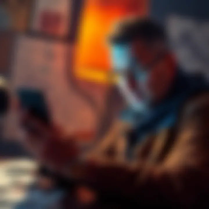A frustrated customer looking at a phone showing an account blocked message, surrounded by bills and financial documents.