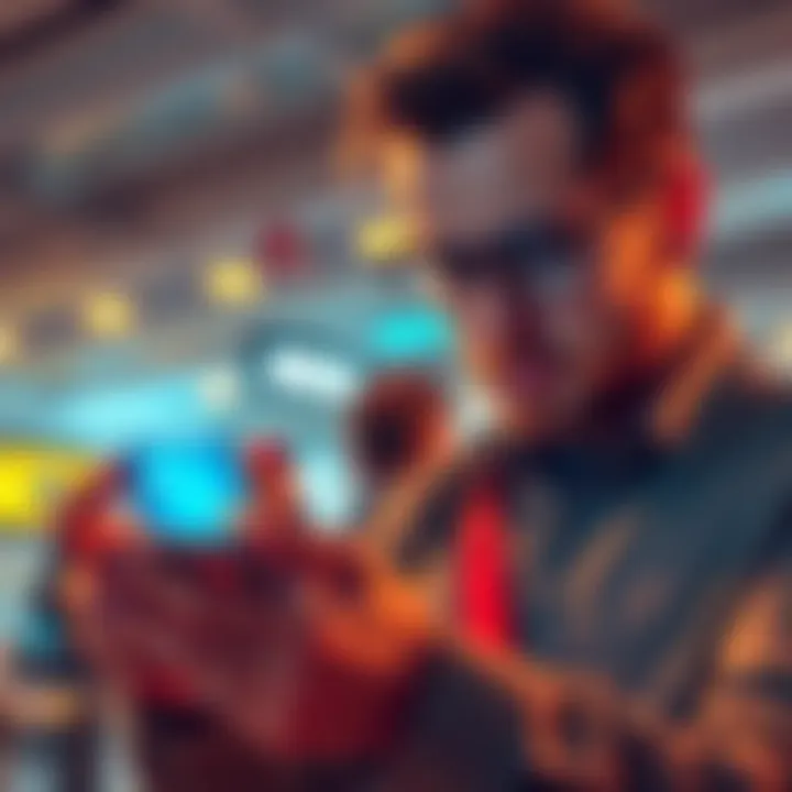 A frustrated business traveler looking at their phone with a blocked account notification, showing a virtual card icon.