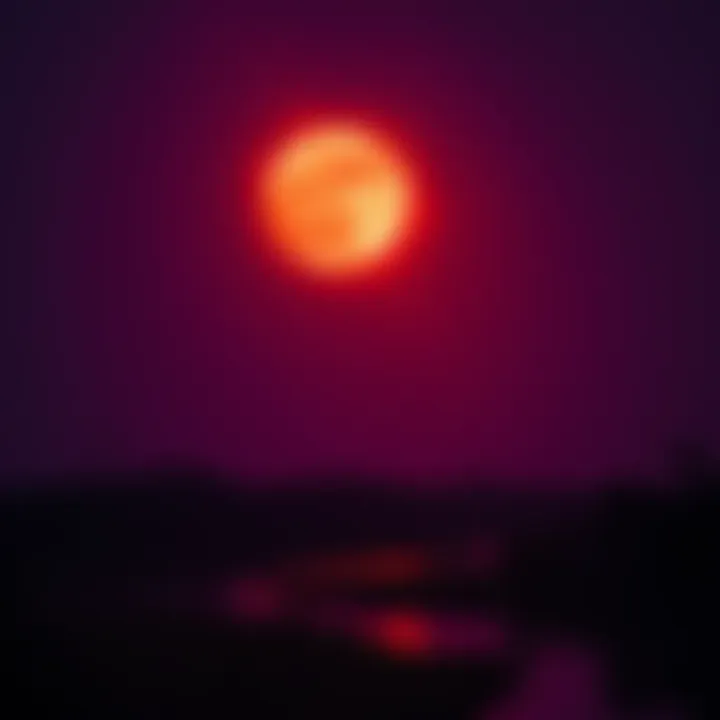 A blood moon shining brightly in the night sky above the bayou, casting a red glow over the landscape.