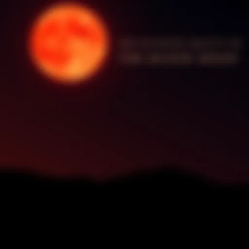 A bright red Blood Moon rising over a dark landscape with stars shining above