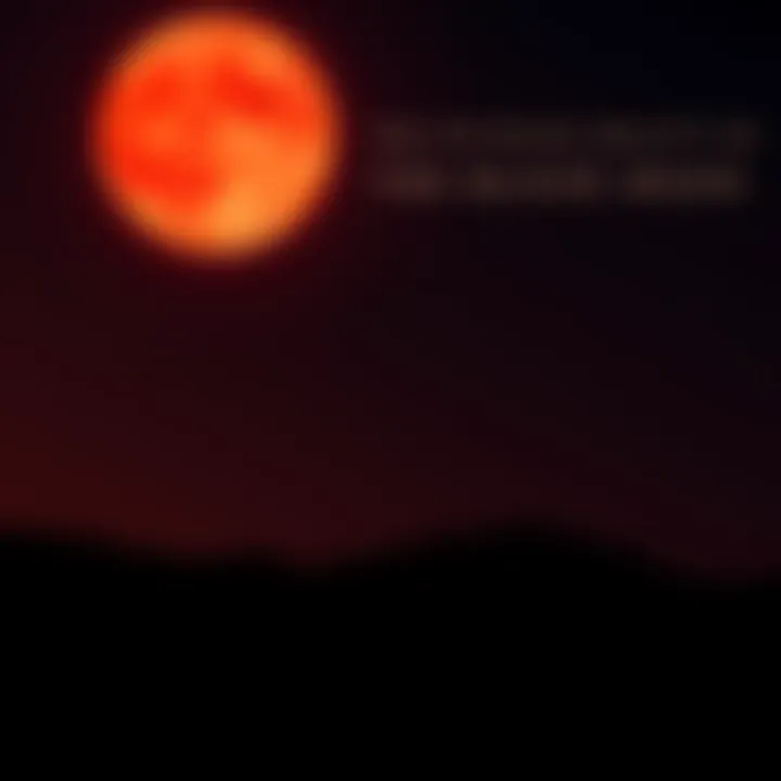 A bright red Blood Moon rising over a dark landscape with stars shining above