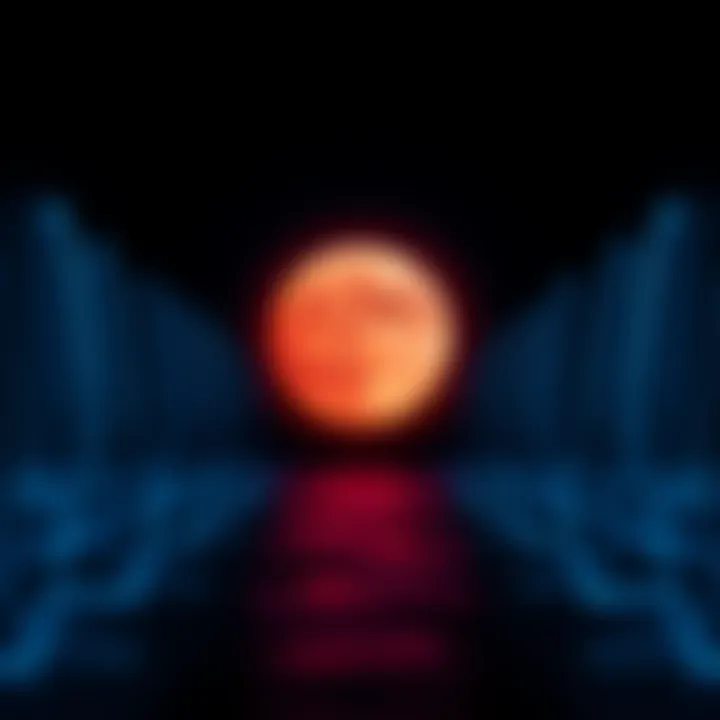 A bright Blood Moon in the night sky surrounded by visual sound waves, symbolizing noise and audio fatigue.