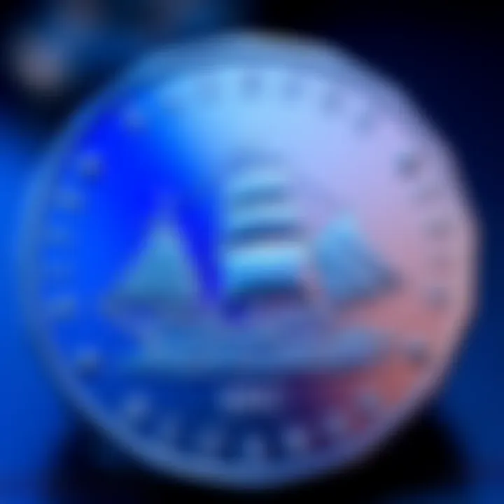Close-up view of the 2021 Bluenose 10c coin showcasing two shades of blue and the iconic ship design.