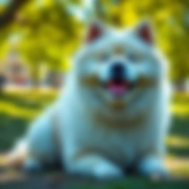 BMO, a fluffy chow chow Samoyed mix dog, sitting happily in a sunny park with a joyful expression.