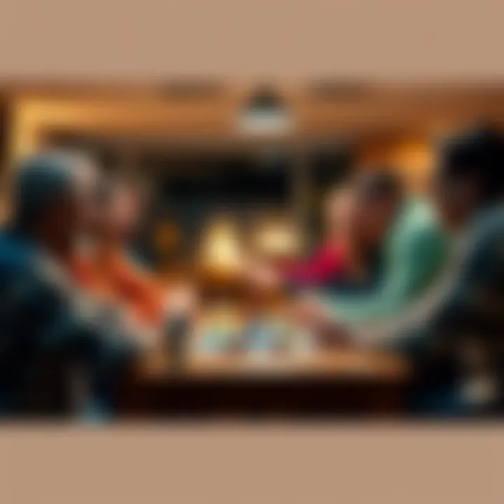 A group of friends laughing and enjoying a board game night together at a table