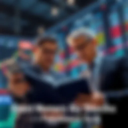 Two business professionals analyzing stock charts with a focus on stock purchases, symbolizing investment confidence.