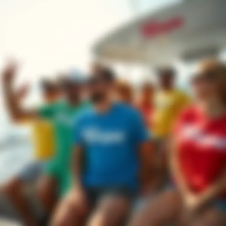 People at a Boat Party Wearing Kaspa T-shirts A group of people enjoying a sunny boat party, all wearing colorful Kaspa T-shirts and having a good time