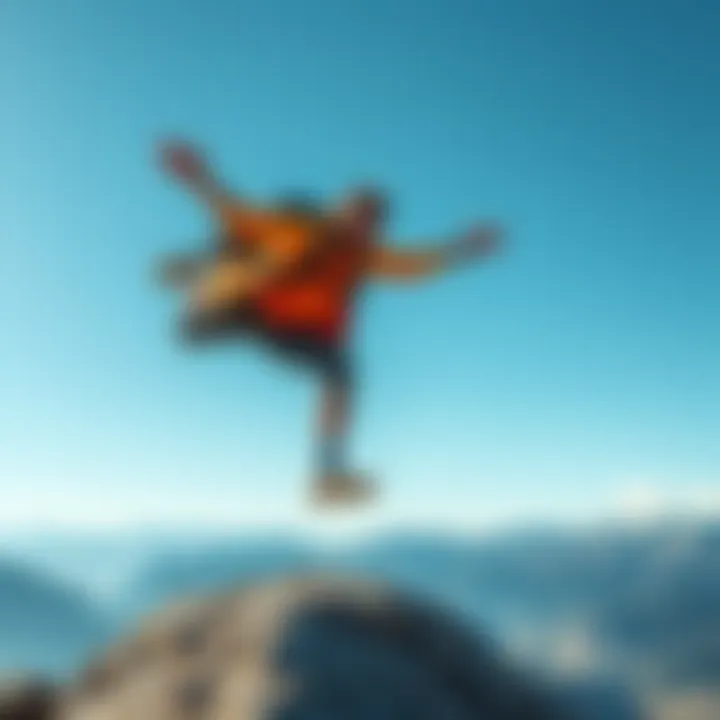 A man named Bob joyfully jumps off a mountain during a tier jumping activity, showcasing an adventurous spirit in a scenic outdoor setting.