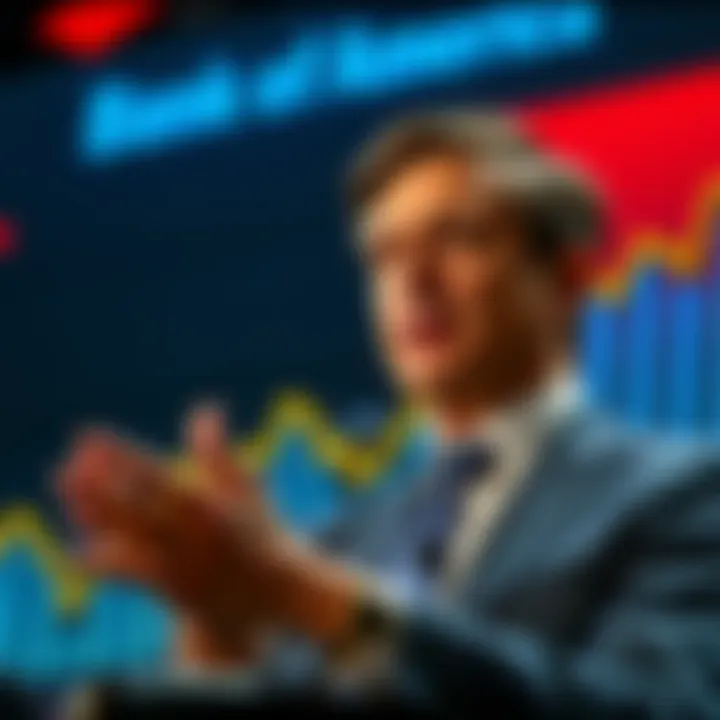 Bank of America CEO speaking about the impact of stablecoin yields on US bank deposits, with a graph showing declining deposits in the background