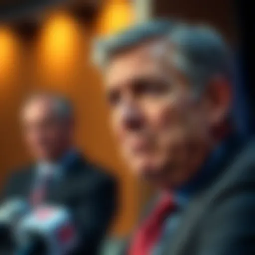 Bank of America CEO expresses concerns about stablecoin impacts on US bank deposits, showing a worried expression during a press conference.