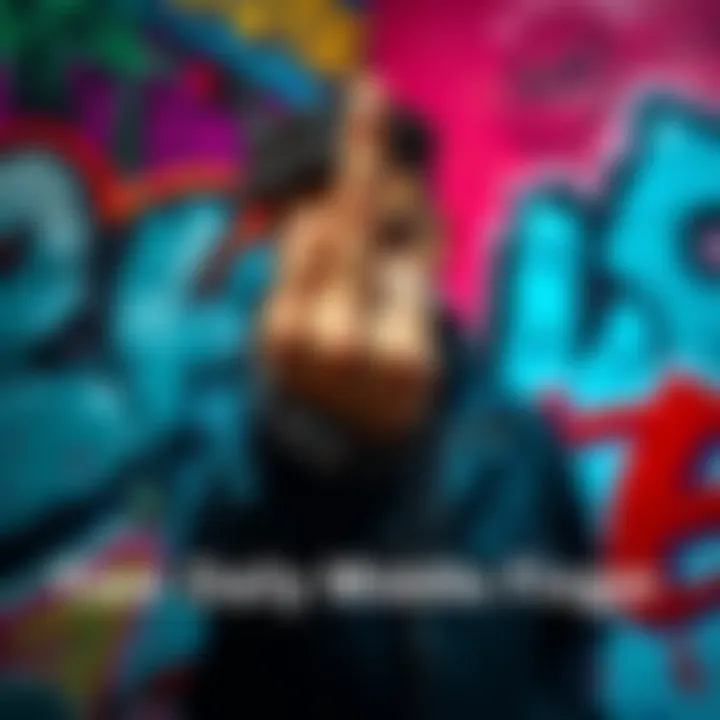 A person confidently showing a middle finger in a playful manner, surrounded by colorful graffiti that expresses rebellion and attitude.