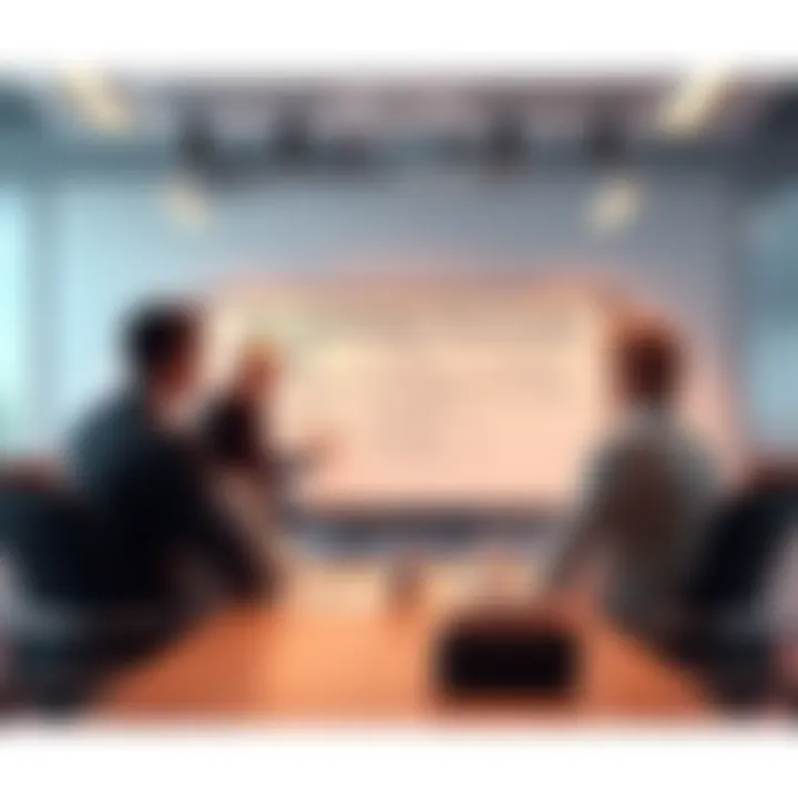 People discussing a daring strategy A group of people in a meeting room analyzing the effects of a bold strategy on a whiteboard.