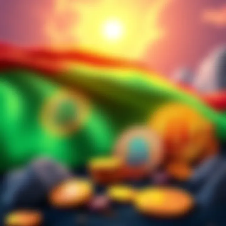 A digital illustration showing the Bolivian flag alongside symbols of cryptocurrency and stablecoins like Bitcoin and dollar coins, representing financial inclusion and growth.